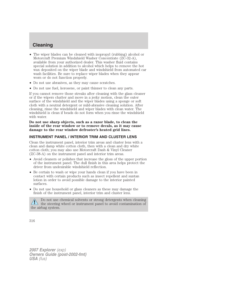 Instrument panel / interior trim and cluster lens, Cleaning | FORD 2007 Explorer v.2 User Manual | Page 316 / 368