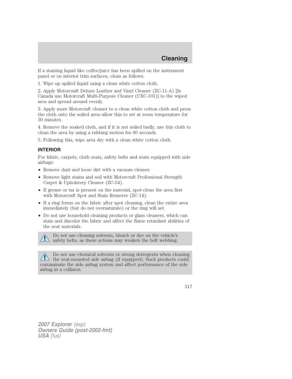 Interior, Cleaning | FORD 2007 Explorer v.2 User Manual | Page 317 / 368