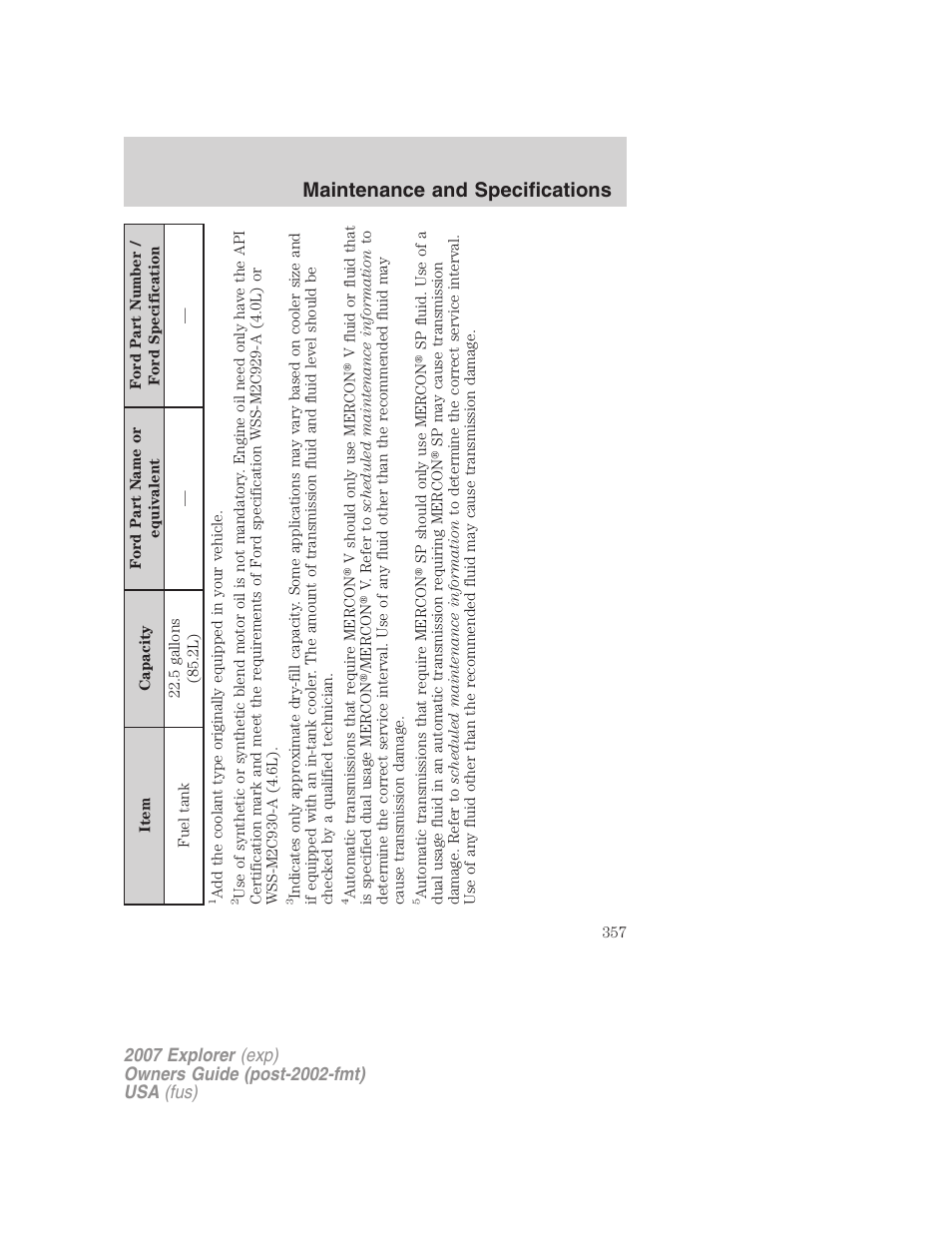 Maintenance and specifications | FORD 2007 Explorer v.2 User Manual | Page 357 / 368