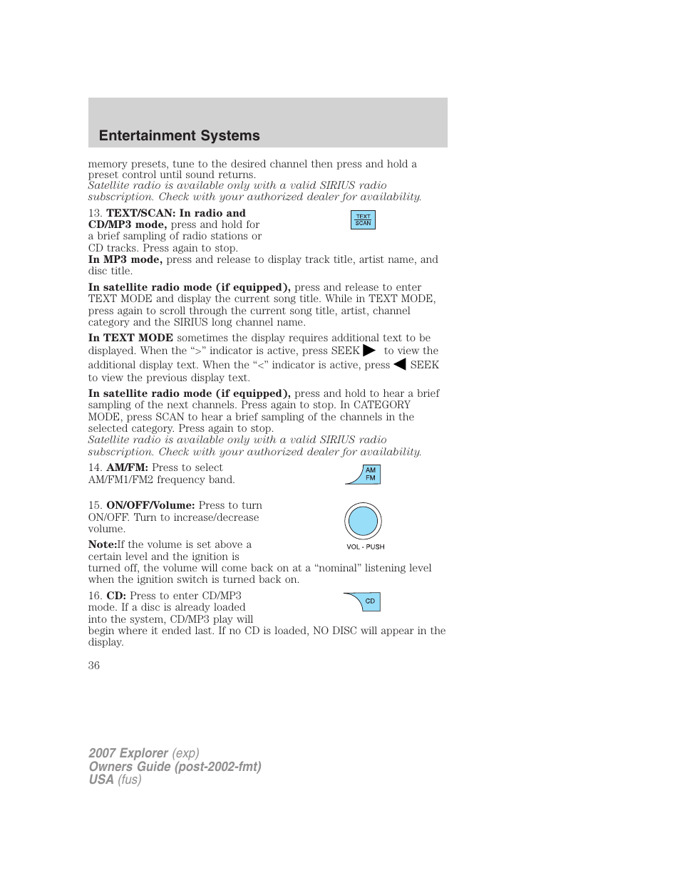 Entertainment systems | FORD 2007 Explorer v.2 User Manual | Page 36 / 368