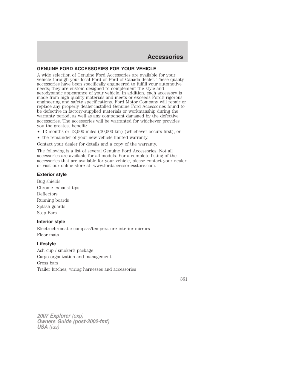 Accessories, Genuine ford accessories for your vehicle, Exterior style | Interior style, Lifestyle | FORD 2007 Explorer v.2 User Manual | Page 361 / 368