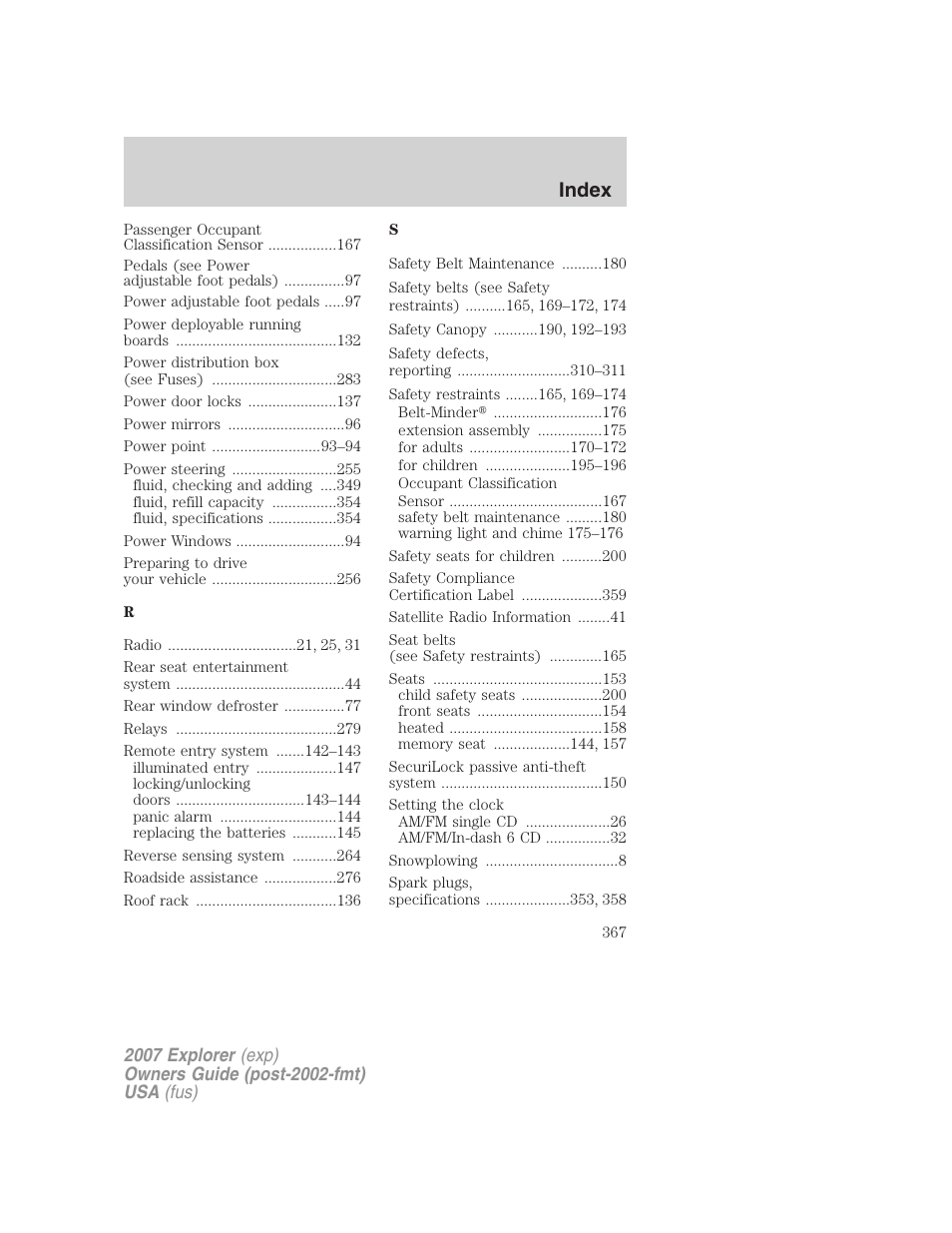 Index | FORD 2007 Explorer v.2 User Manual | Page 367 / 368