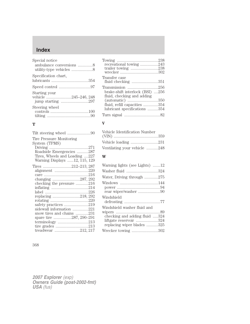 Index | FORD 2007 Explorer v.2 User Manual | Page 368 / 368