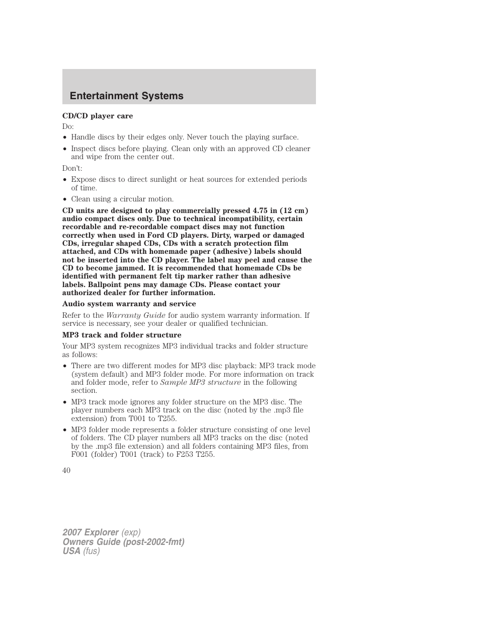 Entertainment systems | FORD 2007 Explorer v.2 User Manual | Page 40 / 368