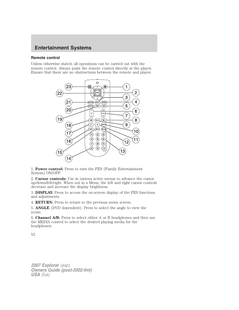 Remote control, Entertainment systems | FORD 2007 Explorer v.2 User Manual | Page 52 / 368