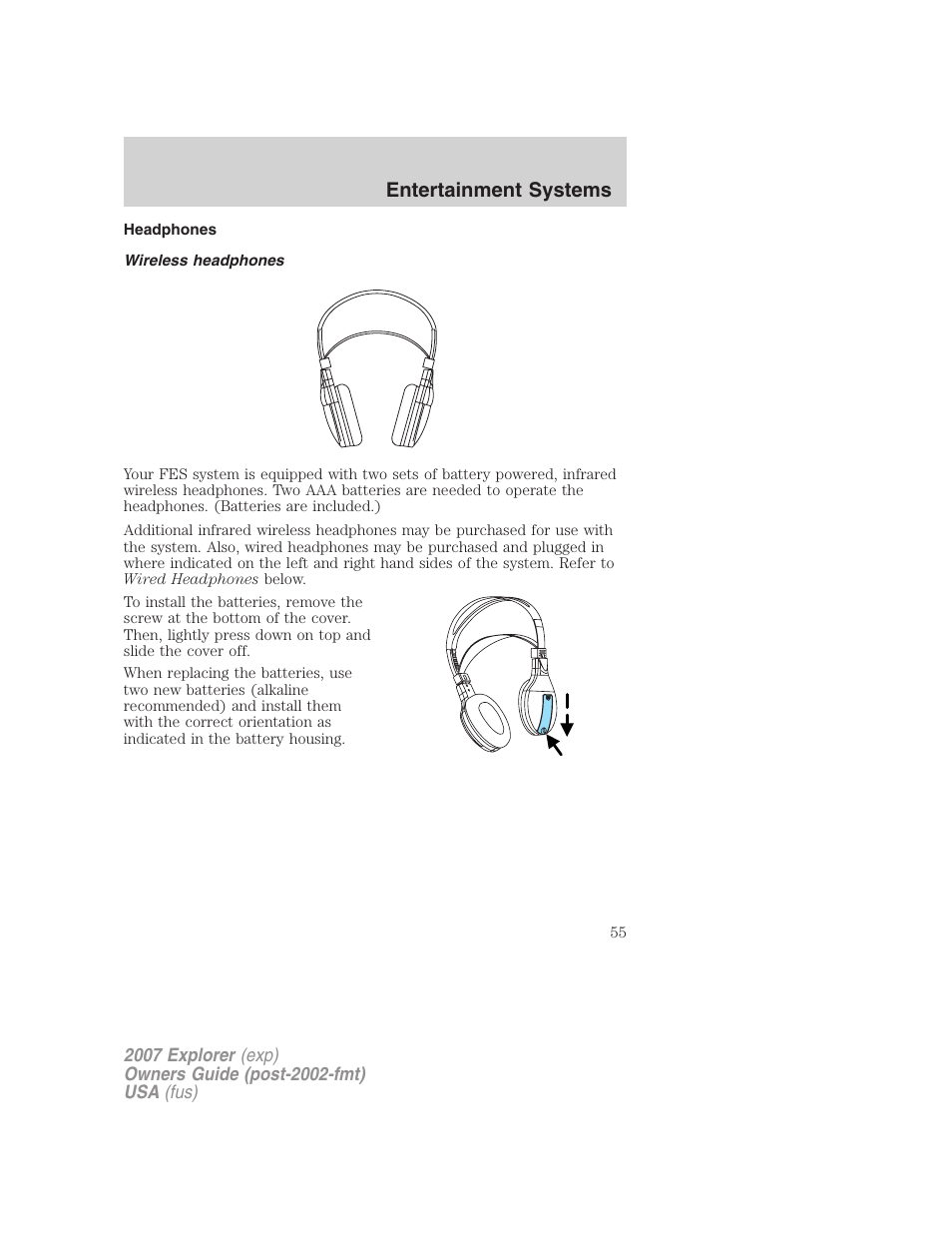 Headphones, Wireless headphones, Entertainment systems | FORD 2007 Explorer v.2 User Manual | Page 55 / 368