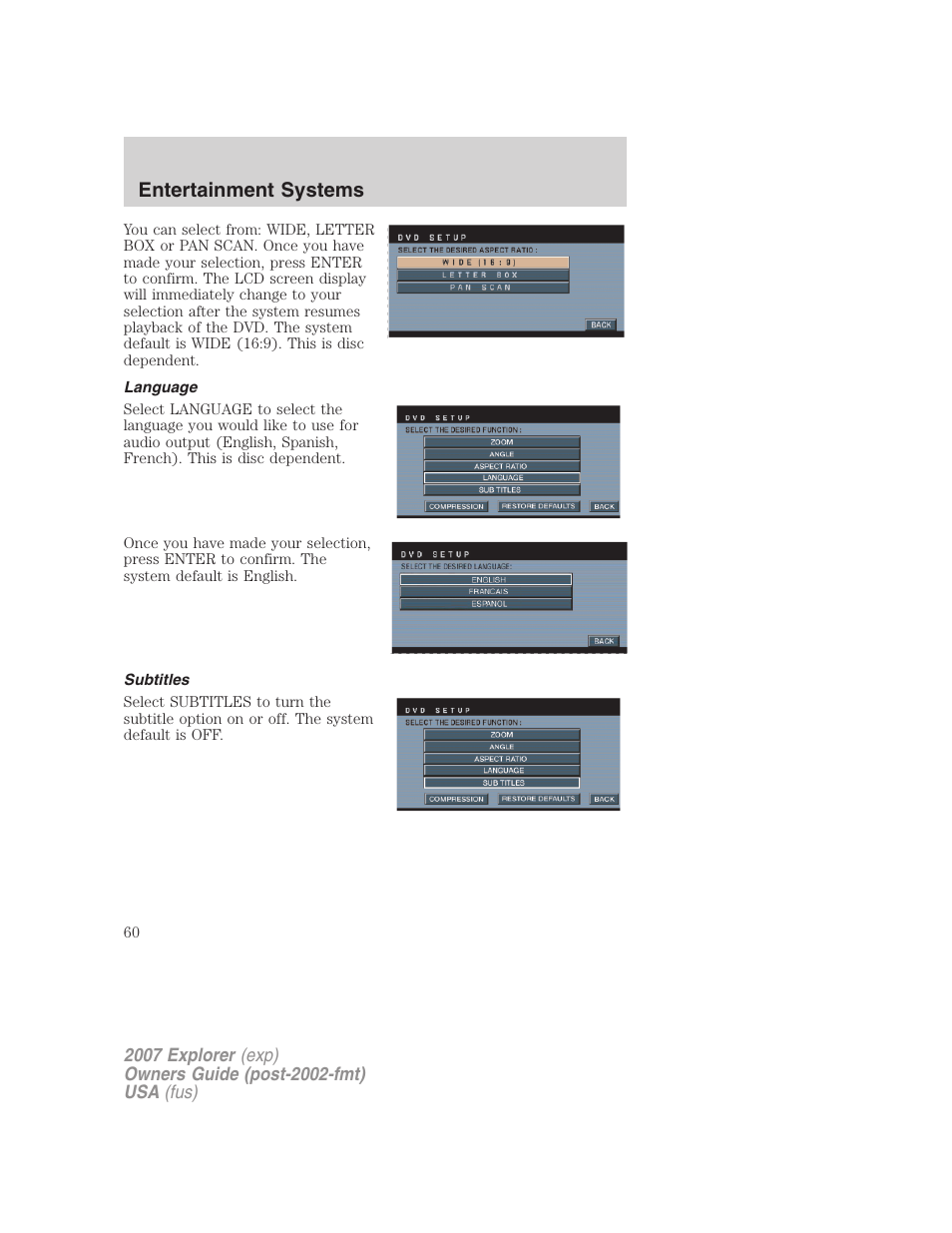 Language, Subtitles, Entertainment systems | FORD 2007 Explorer v.2 User Manual | Page 60 / 368