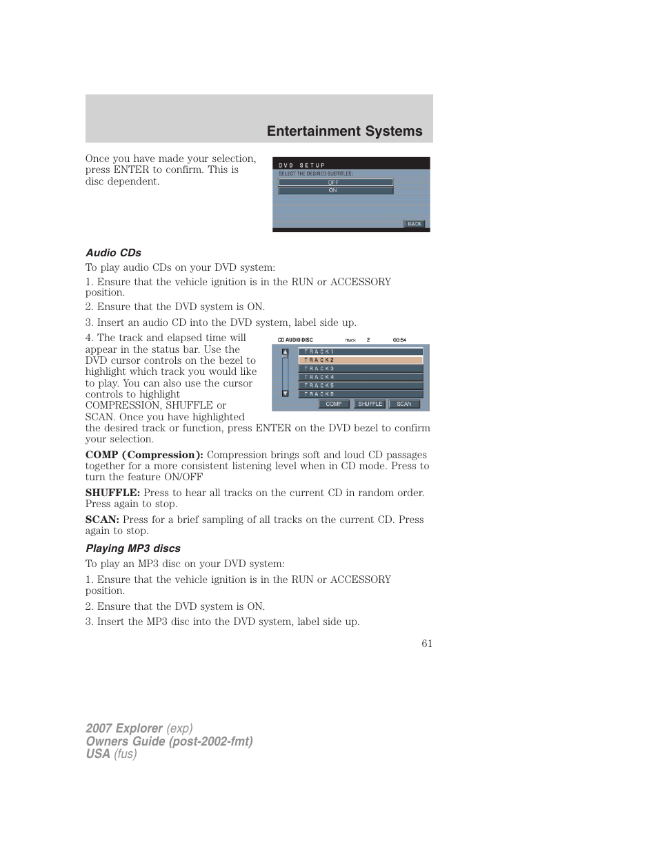 Audio cds, Playing mp3 discs, Entertainment systems | FORD 2007 Explorer v.2 User Manual | Page 61 / 368