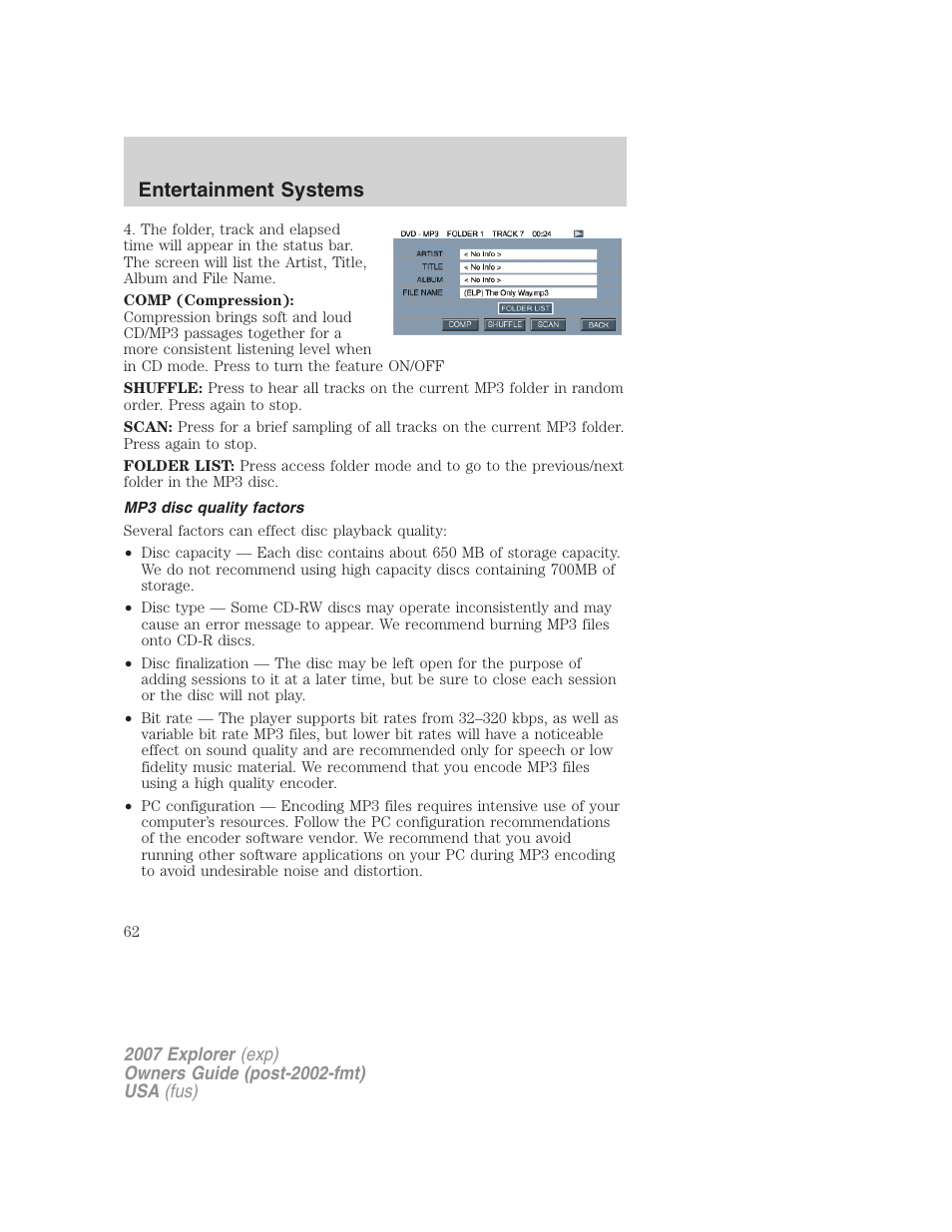 Mp3 disc quality factors, Entertainment systems | FORD 2007 Explorer v.2 User Manual | Page 62 / 368