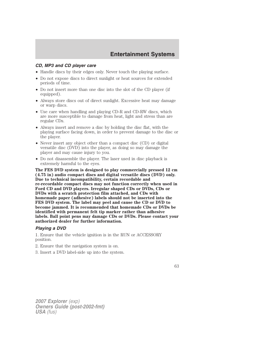 Cd, mp3 and cd player care, Playing a dvd, Entertainment systems | FORD 2007 Explorer v.2 User Manual | Page 63 / 368