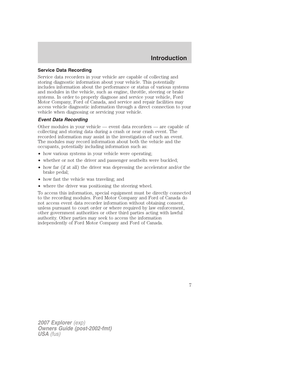 Service data recording, Event data recording, Introduction | FORD 2007 Explorer v.2 User Manual | Page 7 / 368