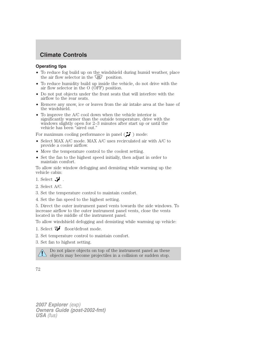 Operating tips, Climate controls | FORD 2007 Explorer v.2 User Manual | Page 72 / 368