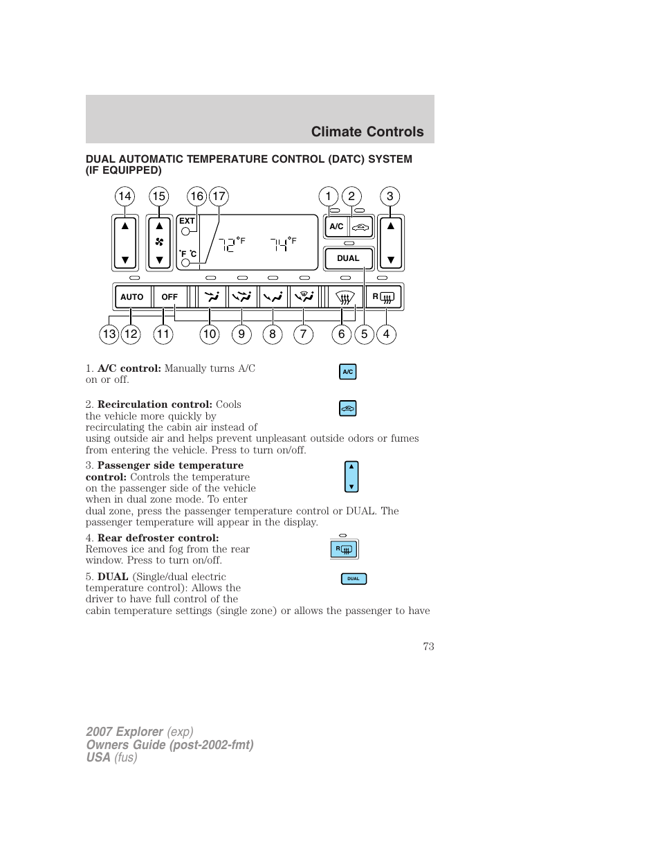 Automatic temperature control, Climate controls | FORD 2007 Explorer v.2 User Manual | Page 73 / 368
