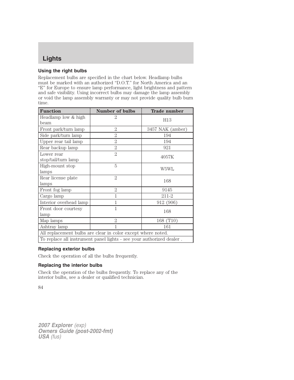 Using the right bulbs, Replacing exterior bulbs, Replacing the interior bulbs | Lights | FORD 2007 Explorer v.2 User Manual | Page 84 / 368