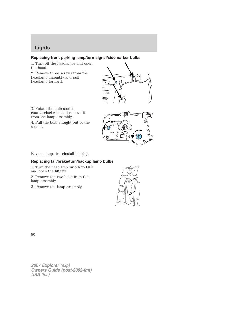 Replacing tail/brake/turn/backup lamp bulbs, Lights | FORD 2007 Explorer v.2 User Manual | Page 86 / 368