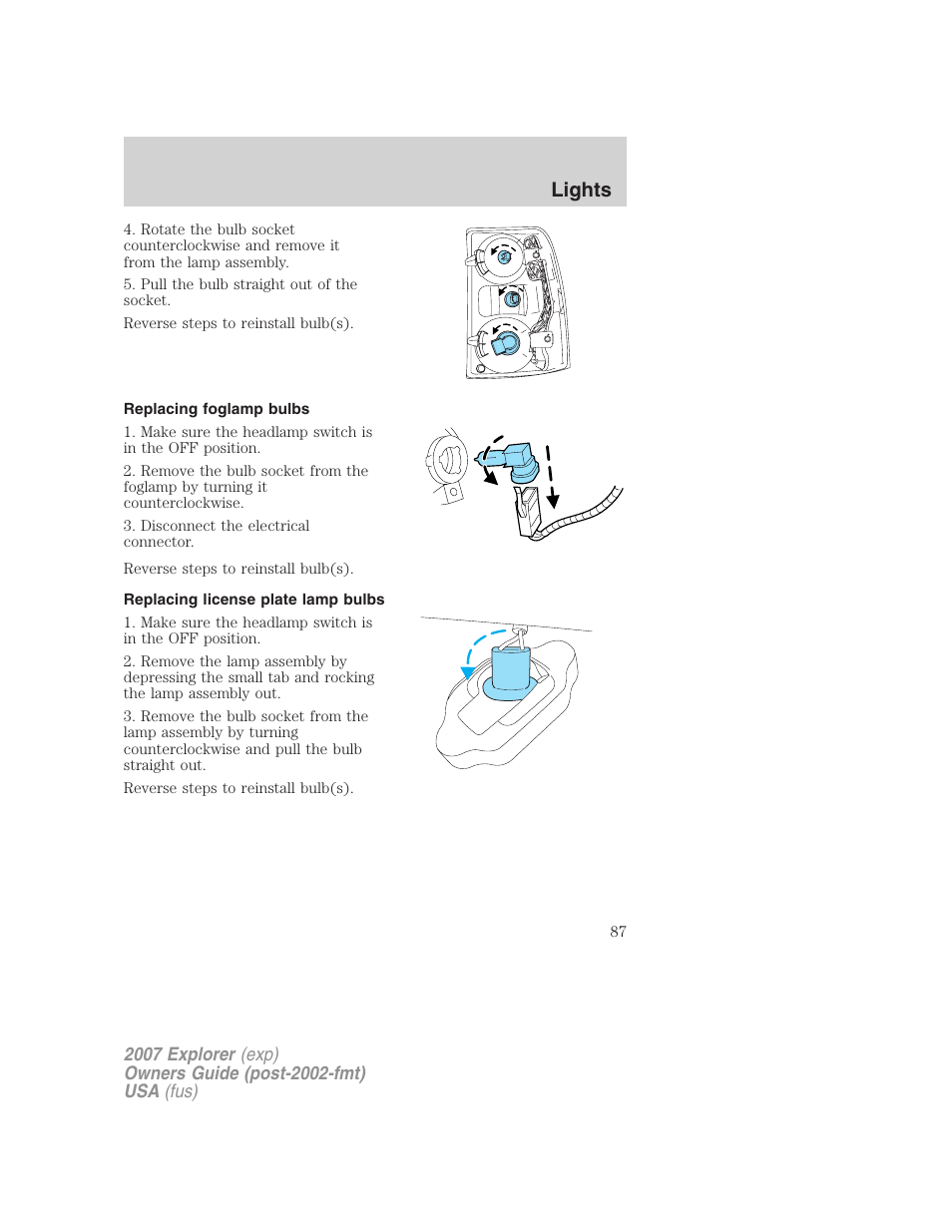 Replacing foglamp bulbs, Replacing license plate lamp bulbs, Lights | FORD 2007 Explorer v.2 User Manual | Page 87 / 368