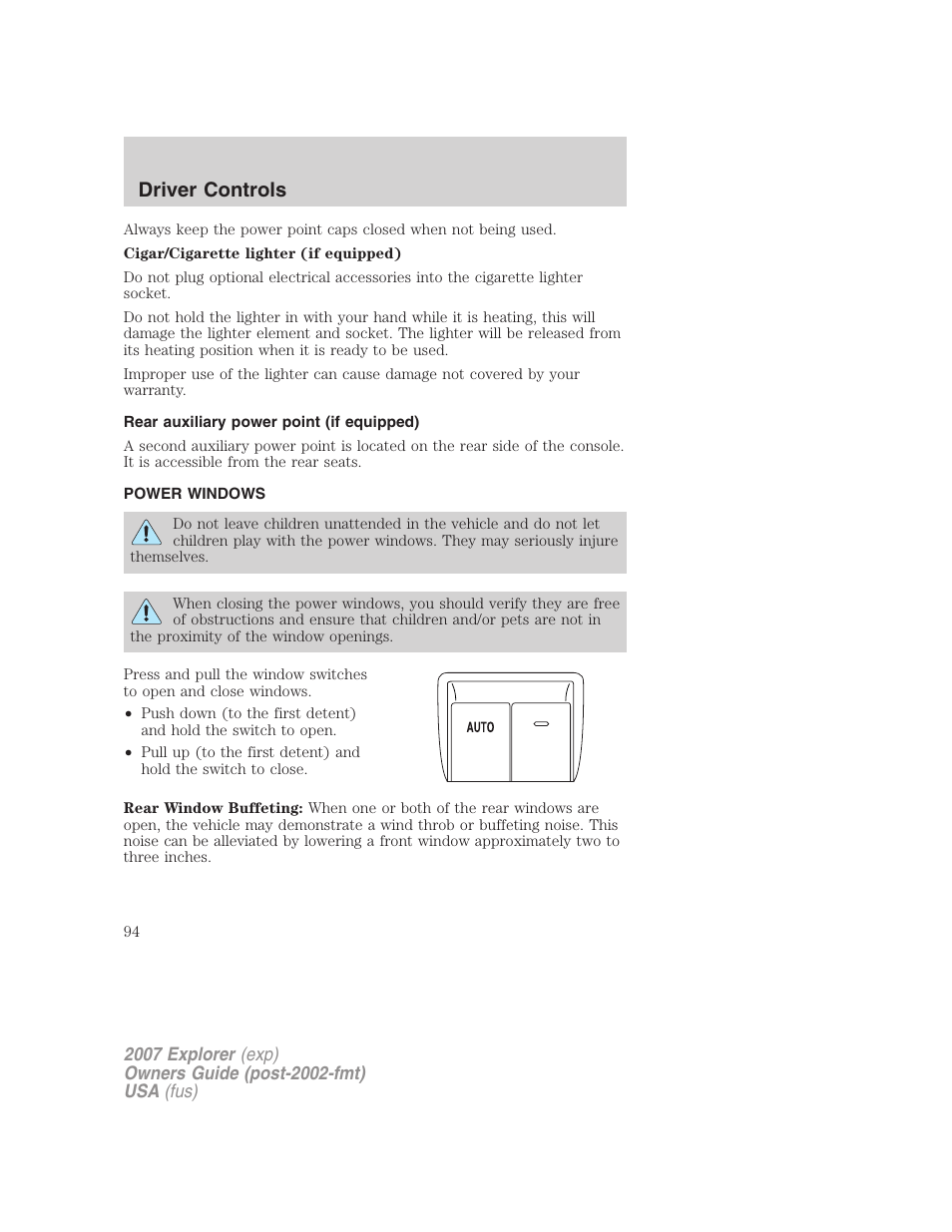 Rear auxiliary power point (if equipped), Power windows, Driver controls | FORD 2007 Explorer v.2 User Manual | Page 94 / 368