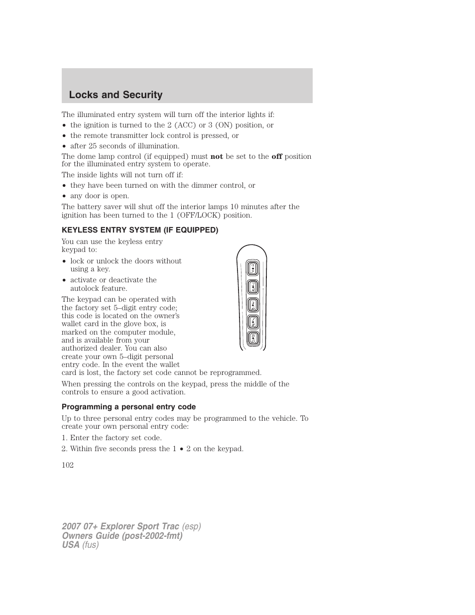 Keyless entry system (if equipped), Programming a personal entry code, Locks and security | FORD 2007 Explorer Sport Trac v.1 User Manual | Page 102 / 312