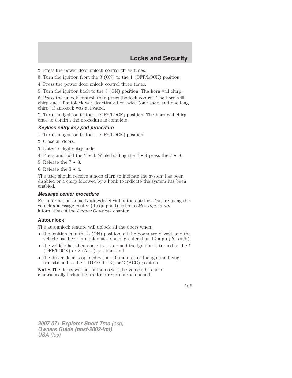 Keyless entry key pad procedure, Message center procedure, Autounlock | Locks and security | FORD 2007 Explorer Sport Trac v.1 User Manual | Page 105 / 312