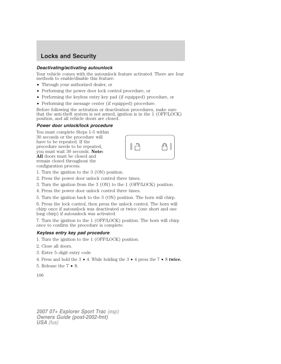 Deactivating/activating autounlock, Power door unlock/lock procedure, Keyless entry key pad procedure | Locks and security | FORD 2007 Explorer Sport Trac v.1 User Manual | Page 106 / 312