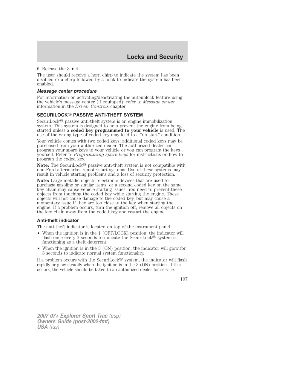 Message center procedure, Securilock passive anti-theft system, Anti-theft indicator | Anti-theft system, Locks and security | FORD 2007 Explorer Sport Trac v.1 User Manual | Page 107 / 312