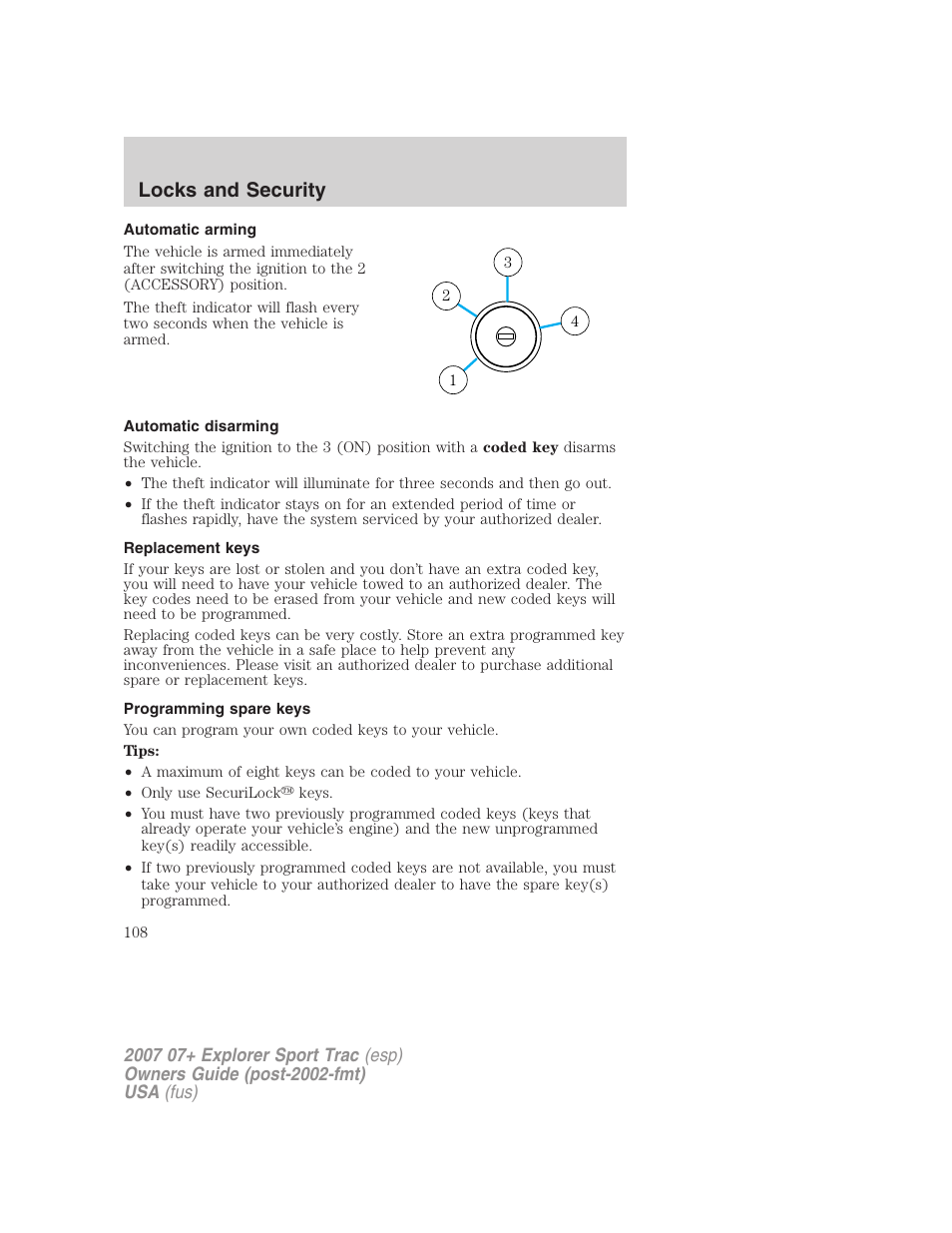 Automatic arming, Automatic disarming, Replacement keys | Programming spare keys, Locks and security | FORD 2007 Explorer Sport Trac v.1 User Manual | Page 108 / 312