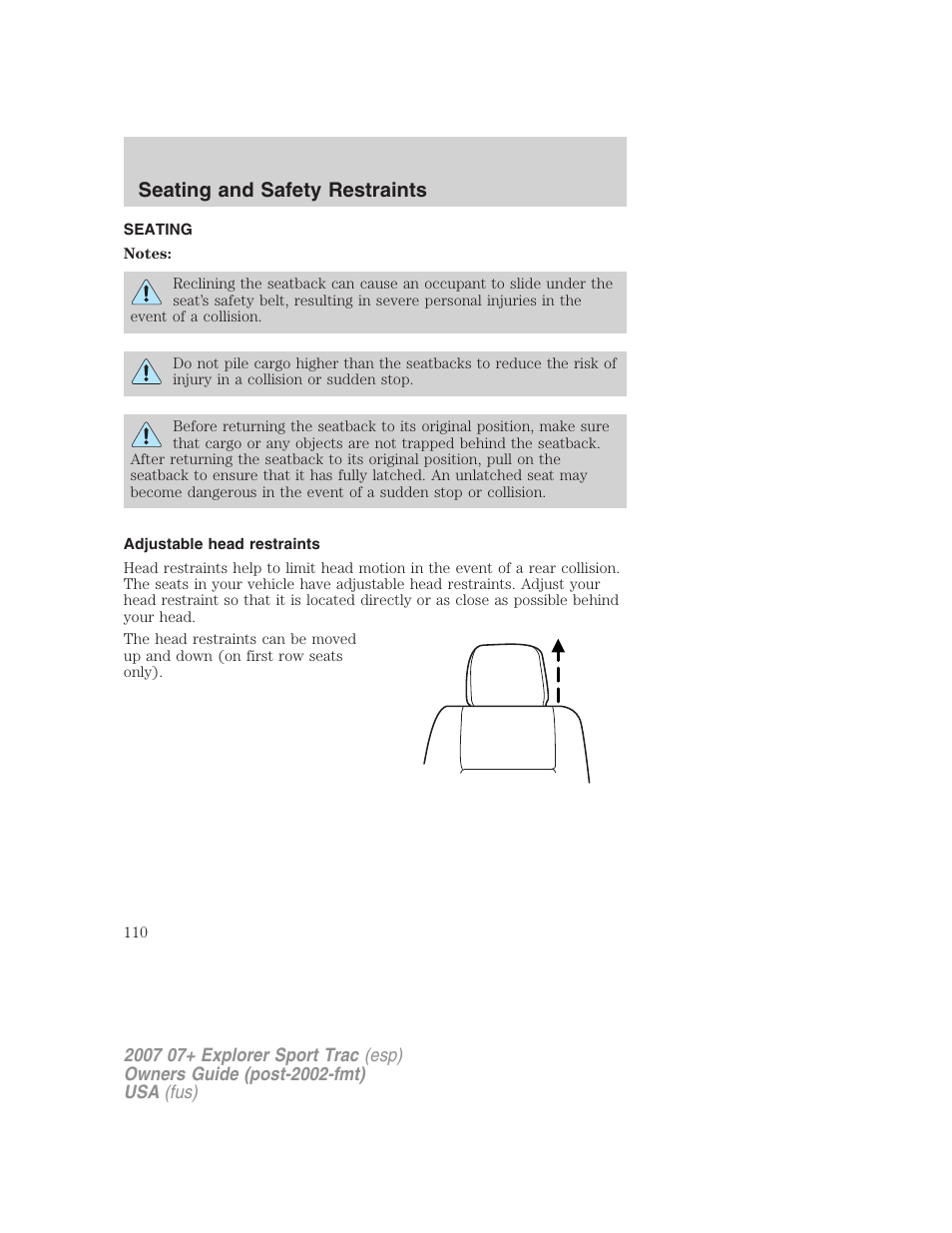 Seating and safety restraints, Seating, Adjustable head restraints | FORD 2007 Explorer Sport Trac v.1 User Manual | Page 110 / 312