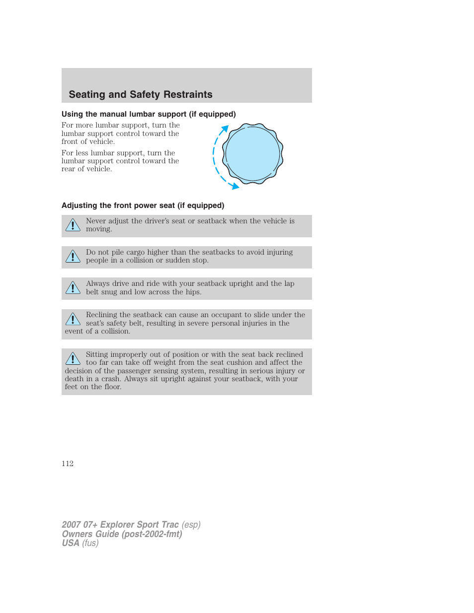 Using the manual lumbar support (if equipped), Adjusting the front power seat (if equipped), Seating and safety restraints | FORD 2007 Explorer Sport Trac v.1 User Manual | Page 112 / 312