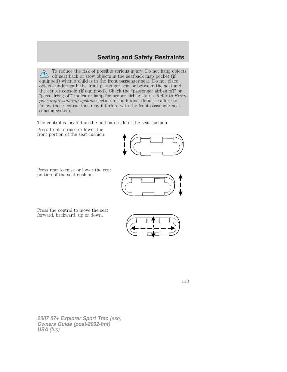 Seating and safety restraints | FORD 2007 Explorer Sport Trac v.1 User Manual | Page 113 / 312