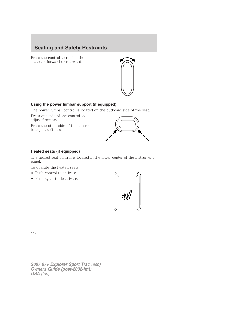 Using the power lumbar support (if equipped), Heated seats (if equipped), Seating and safety restraints | FORD 2007 Explorer Sport Trac v.1 User Manual | Page 114 / 312