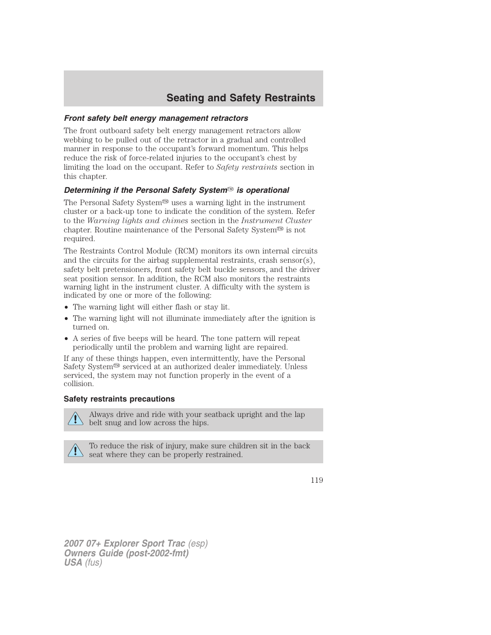 Front safety belt energy management retractors, Safety restraints precautions, Seating and safety restraints | FORD 2007 Explorer Sport Trac v.1 User Manual | Page 119 / 312
