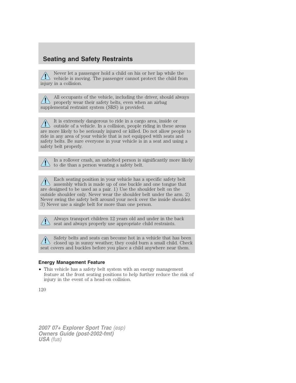 Energy management feature, Seating and safety restraints | FORD 2007 Explorer Sport Trac v.1 User Manual | Page 120 / 312