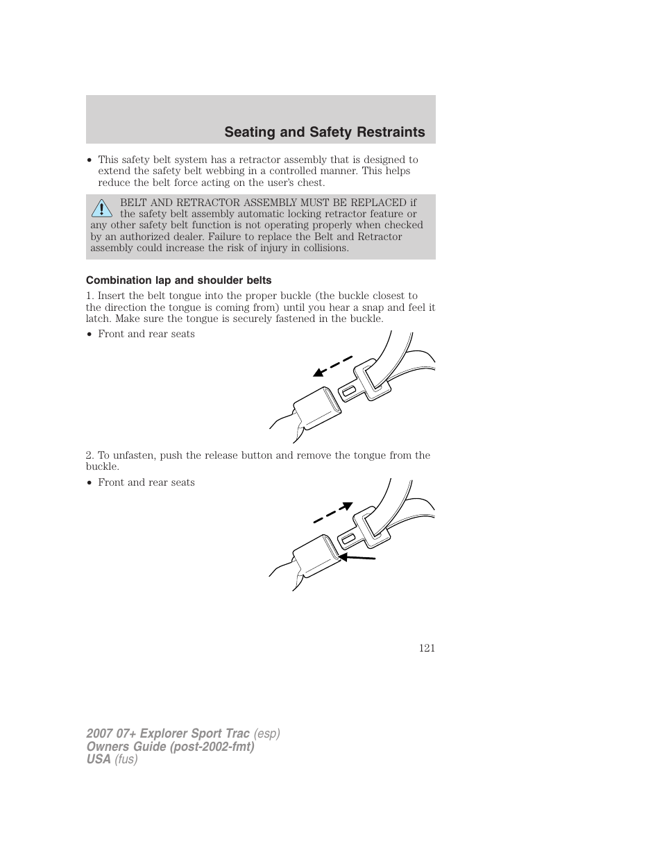 Combination lap and shoulder belts, Seating and safety restraints | FORD 2007 Explorer Sport Trac v.1 User Manual | Page 121 / 312