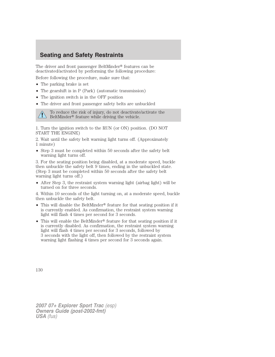 Seating and safety restraints | FORD 2007 Explorer Sport Trac v.1 User Manual | Page 130 / 312