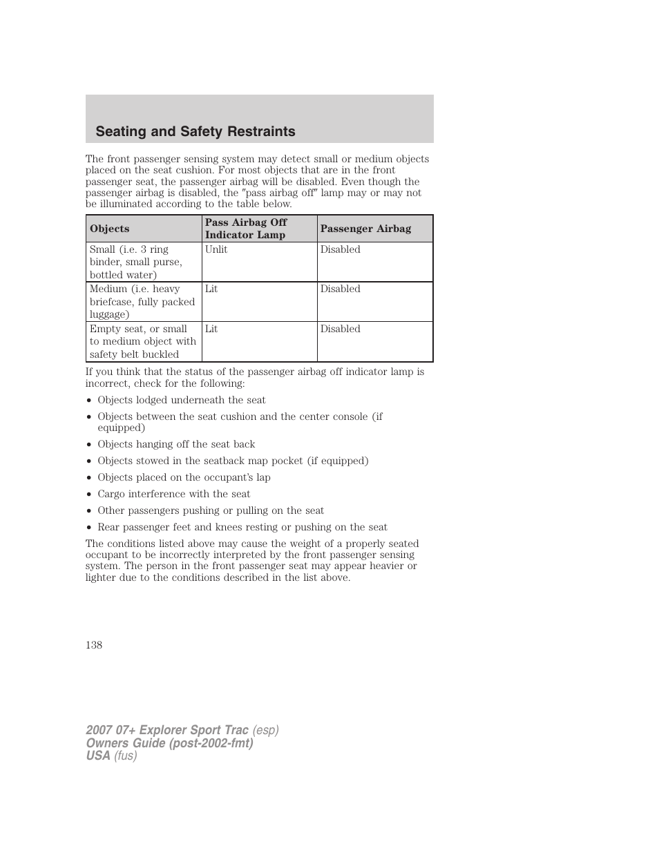 Seating and safety restraints | FORD 2007 Explorer Sport Trac v.1 User Manual | Page 138 / 312