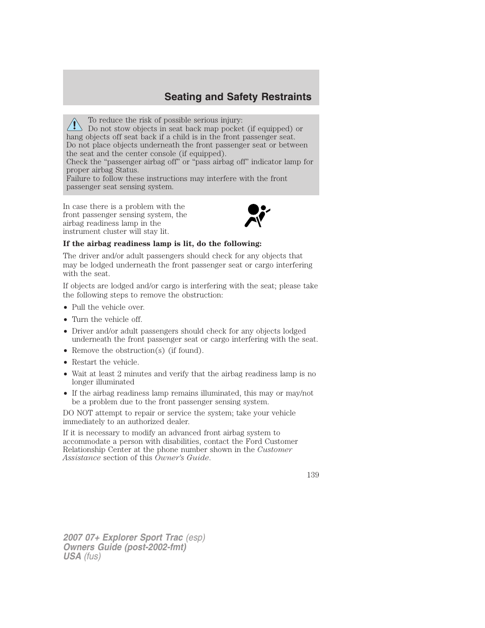 Seating and safety restraints | FORD 2007 Explorer Sport Trac v.1 User Manual | Page 139 / 312
