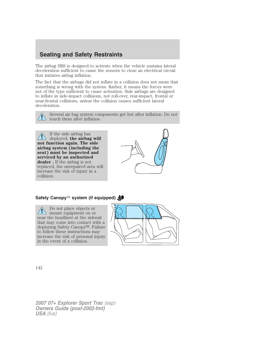 Safety canopy system (if equipped), Seating and safety restraints | FORD 2007 Explorer Sport Trac v.1 User Manual | Page 142 / 312