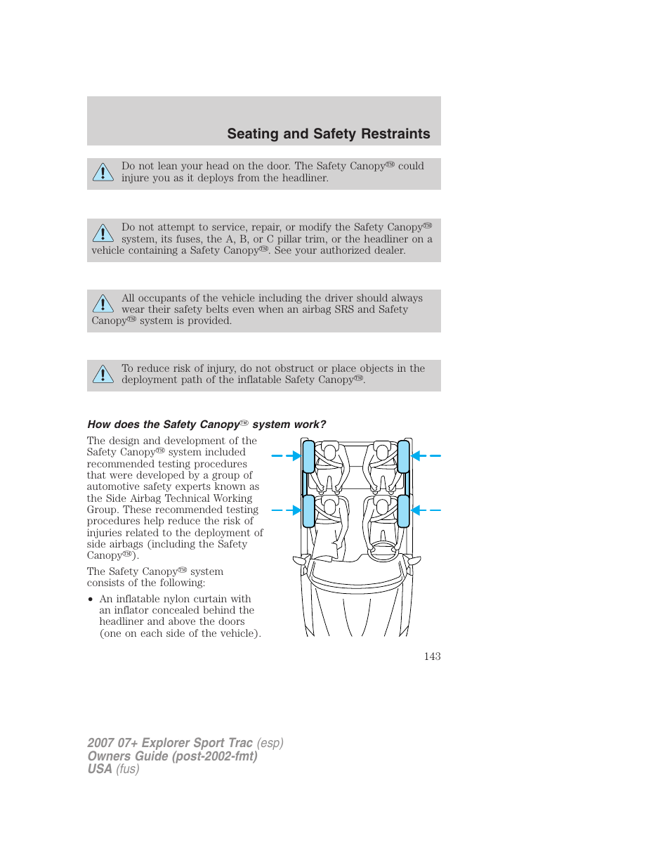 How does the safety canopy system work, Seating and safety restraints | FORD 2007 Explorer Sport Trac v.1 User Manual | Page 143 / 312