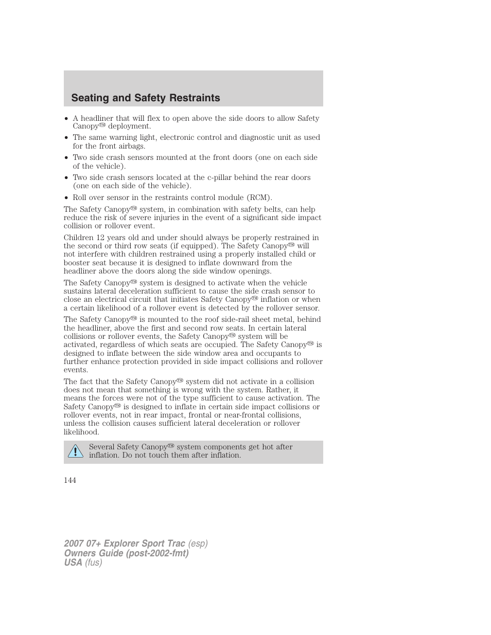 Seating and safety restraints | FORD 2007 Explorer Sport Trac v.1 User Manual | Page 144 / 312