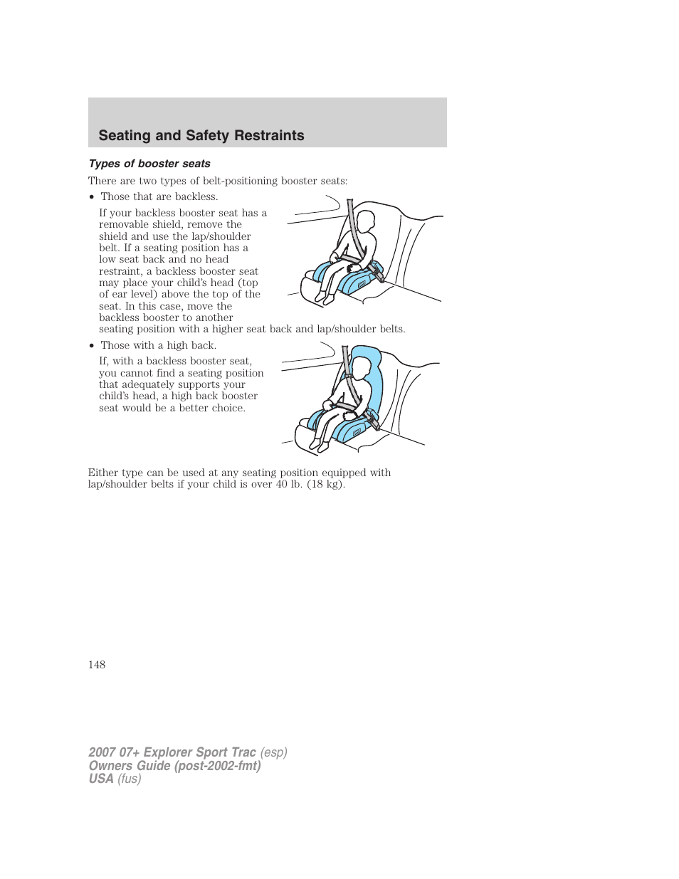 Types of booster seats, Seating and safety restraints | FORD 2007 Explorer Sport Trac v.1 User Manual | Page 148 / 312