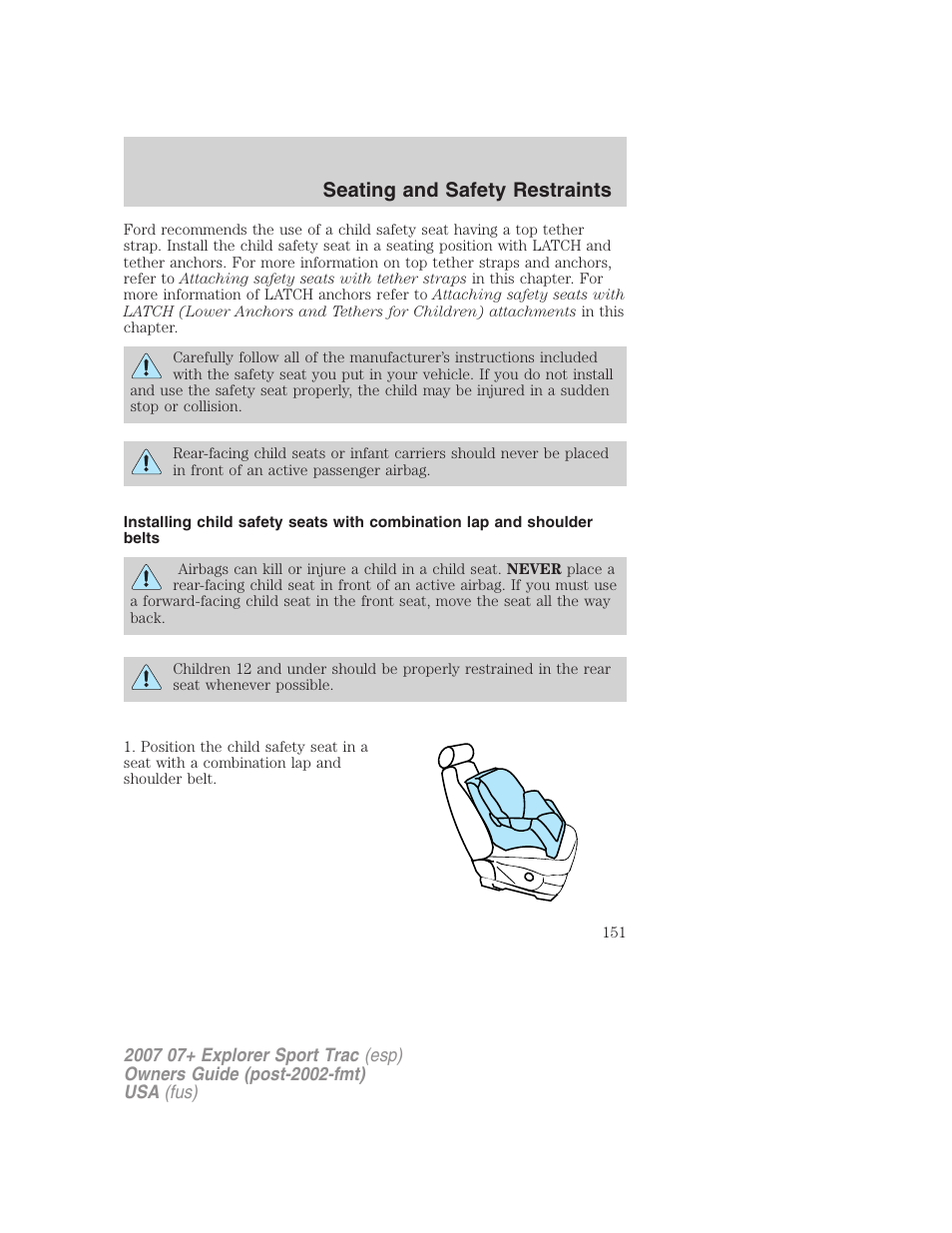 Seating and safety restraints | FORD 2007 Explorer Sport Trac v.1 User Manual | Page 151 / 312