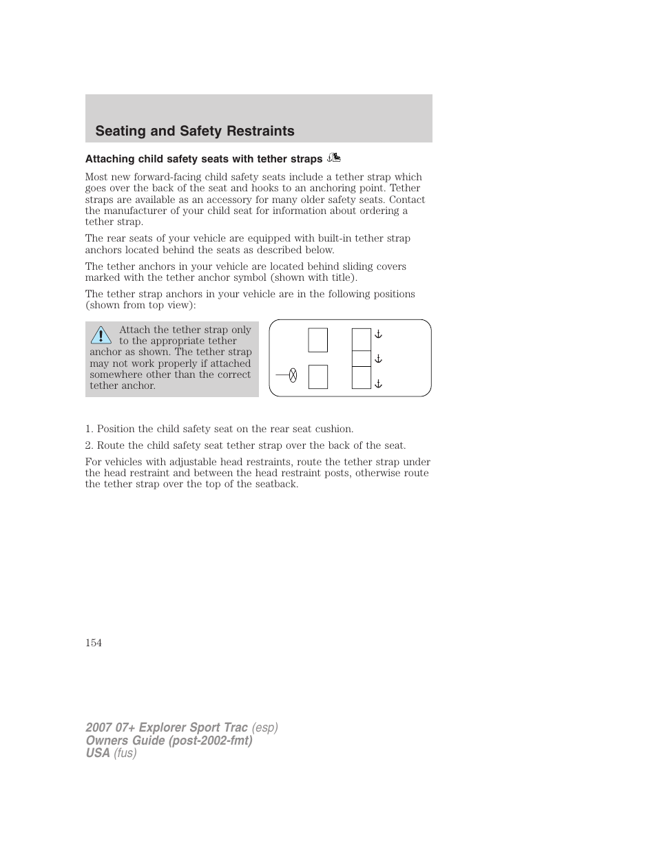 Attaching child safety seats with tether straps, Seating and safety restraints | FORD 2007 Explorer Sport Trac v.1 User Manual | Page 154 / 312