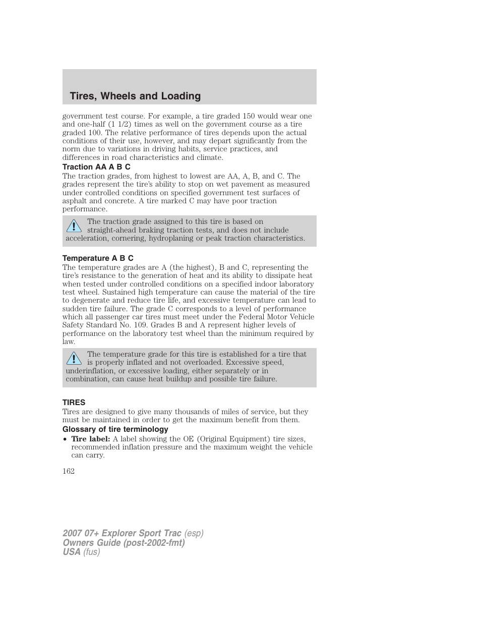 Traction aa a b c, Temperature a b c, Tires | Glossary of tire terminology, Tires, wheels and loading | FORD 2007 Explorer Sport Trac v.1 User Manual | Page 162 / 312