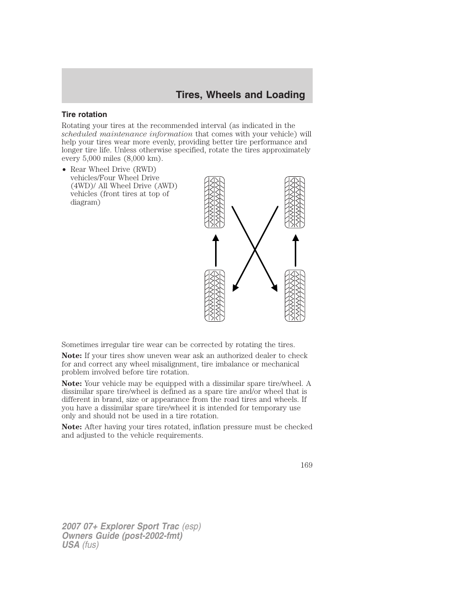 Tire rotation, Tires, wheels and loading | FORD 2007 Explorer Sport Trac v.1 User Manual | Page 169 / 312