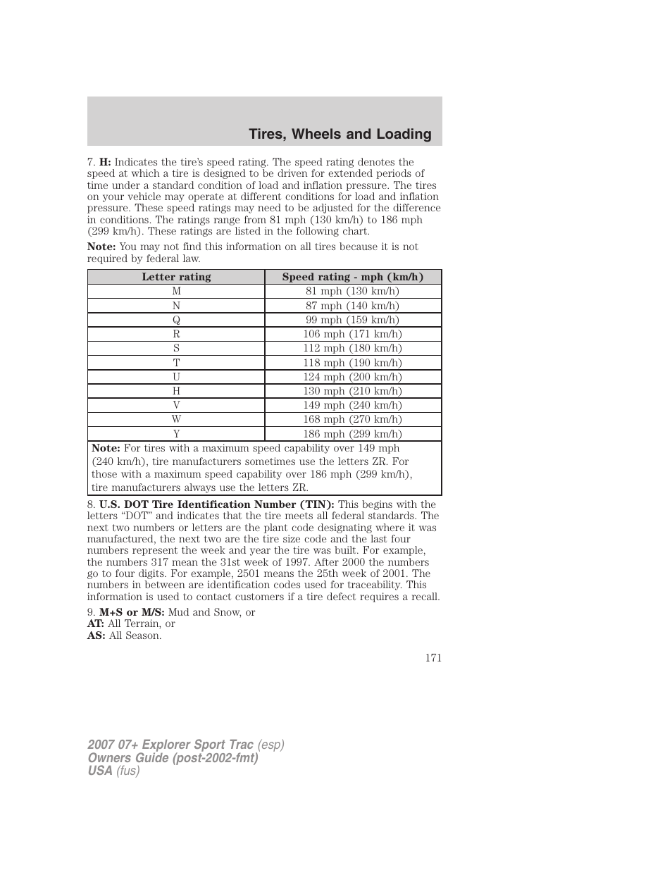 Tires, wheels and loading | FORD 2007 Explorer Sport Trac v.1 User Manual | Page 171 / 312