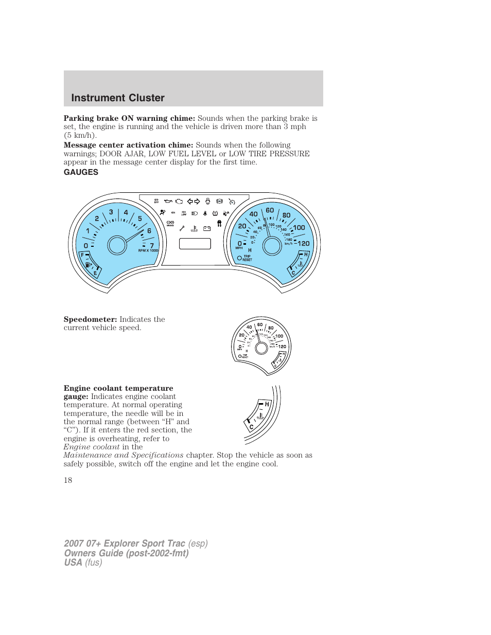 Gauges, Instrument cluster | FORD 2007 Explorer Sport Trac v.1 User Manual | Page 18 / 312