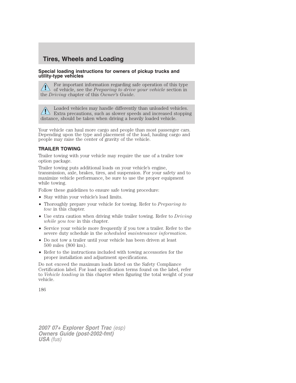 Trailer towing, Tires, wheels and loading | FORD 2007 Explorer Sport Trac v.1 User Manual | Page 186 / 312