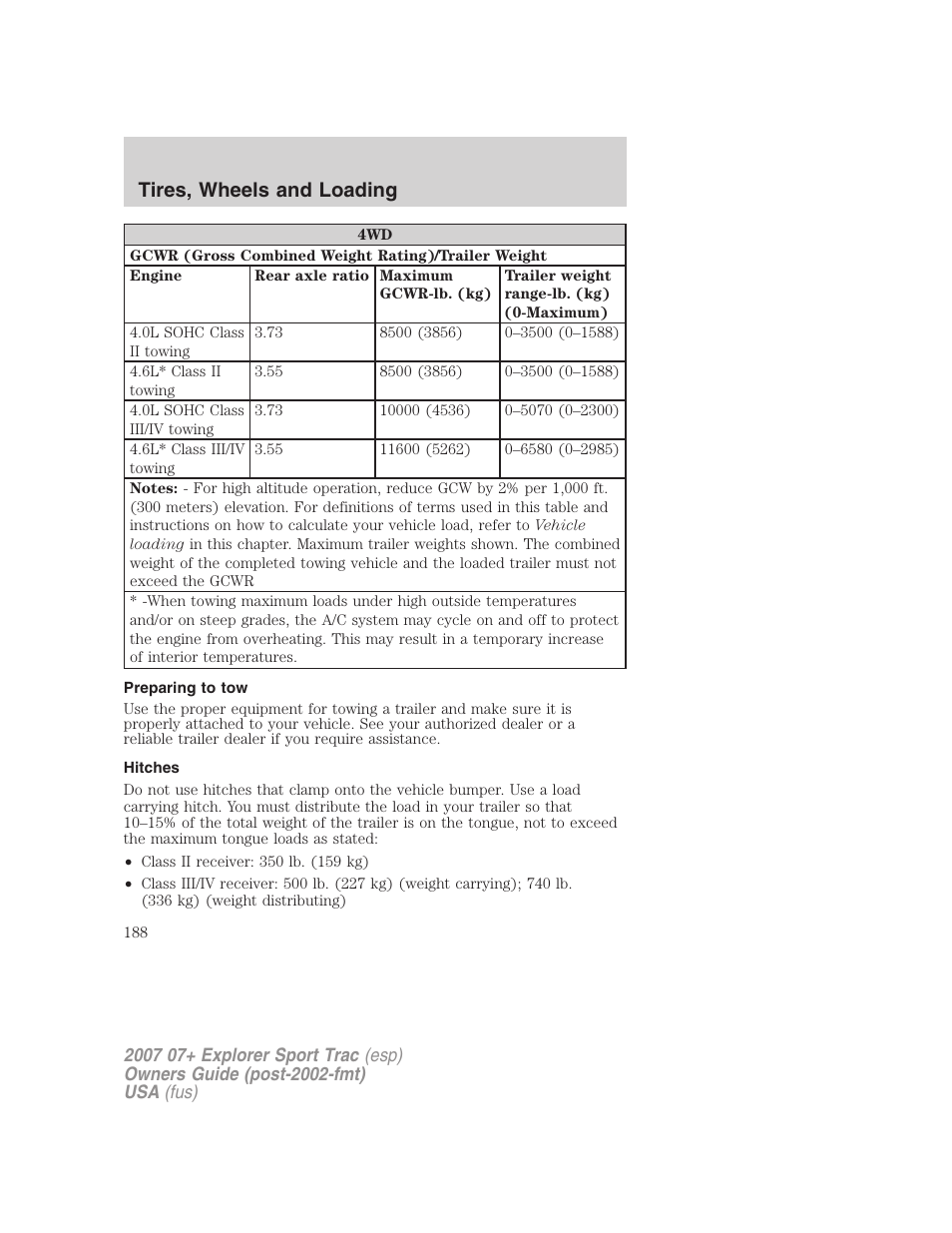 Preparing to tow, Hitches, Tires, wheels and loading | FORD 2007 Explorer Sport Trac v.1 User Manual | Page 188 / 312