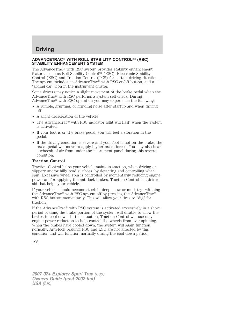 Traction control/advancetrac, Driving | FORD 2007 Explorer Sport Trac v.1 User Manual | Page 198 / 312