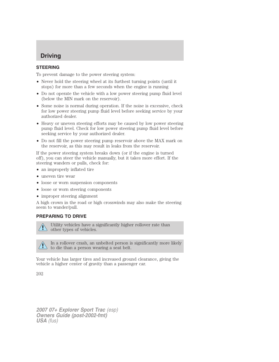 Steering, Preparing to drive, Driving | FORD 2007 Explorer Sport Trac v.1 User Manual | Page 202 / 312